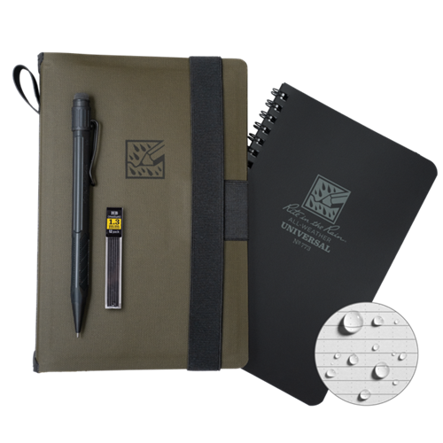 Rite in the Rain Monsoon Kit featuring a waterproof notebook, pen, and the Universal Notebook for outdoor tracking.